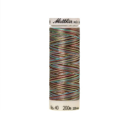 Spool of Mettler brown blue and green variegated thread.