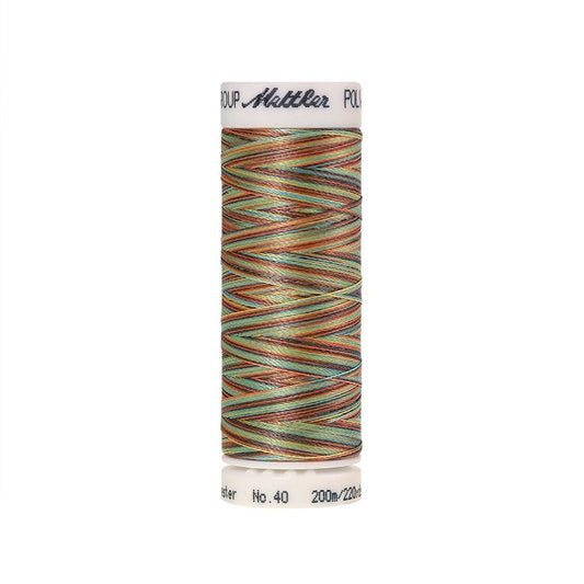 Spool of Mettler green and orange variegated thread.