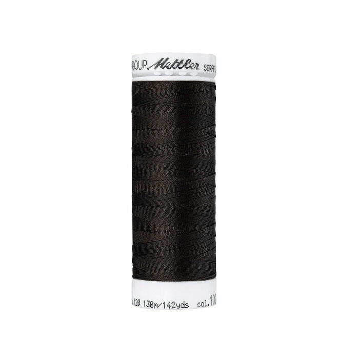Spool of vey dark brown thread with Mettler Seraflex branding.