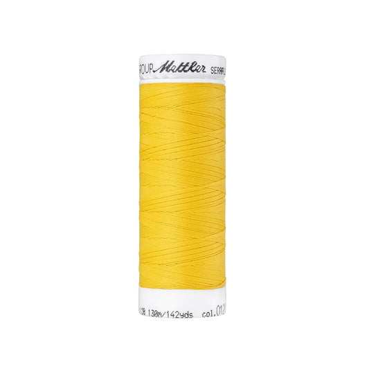 Spool of bright yellow thread with Mettler Seraflex branding.