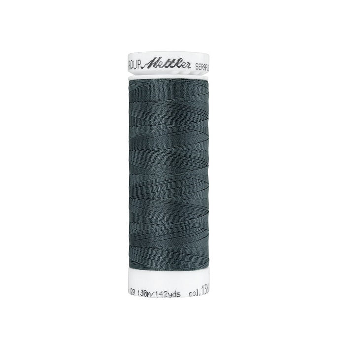 Spool of dark grey thread with Mettler Seraflex branding.