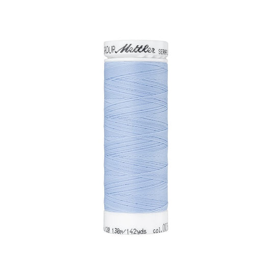 Spool of pale blue thread with Mettler Seraflex branding.