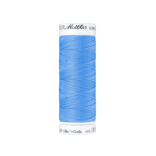 Spool of bright blue thread with Mettler Seraflex branding.