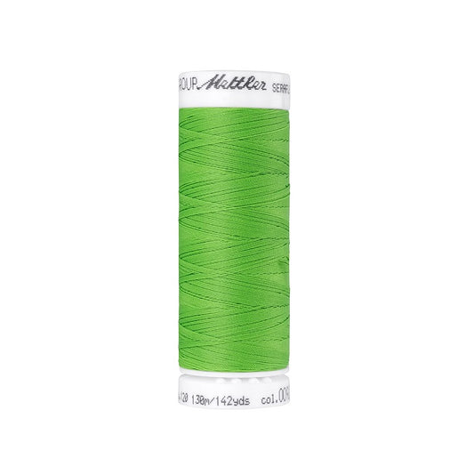 Spool of bright green thread with Mettler Seraflex branding.
