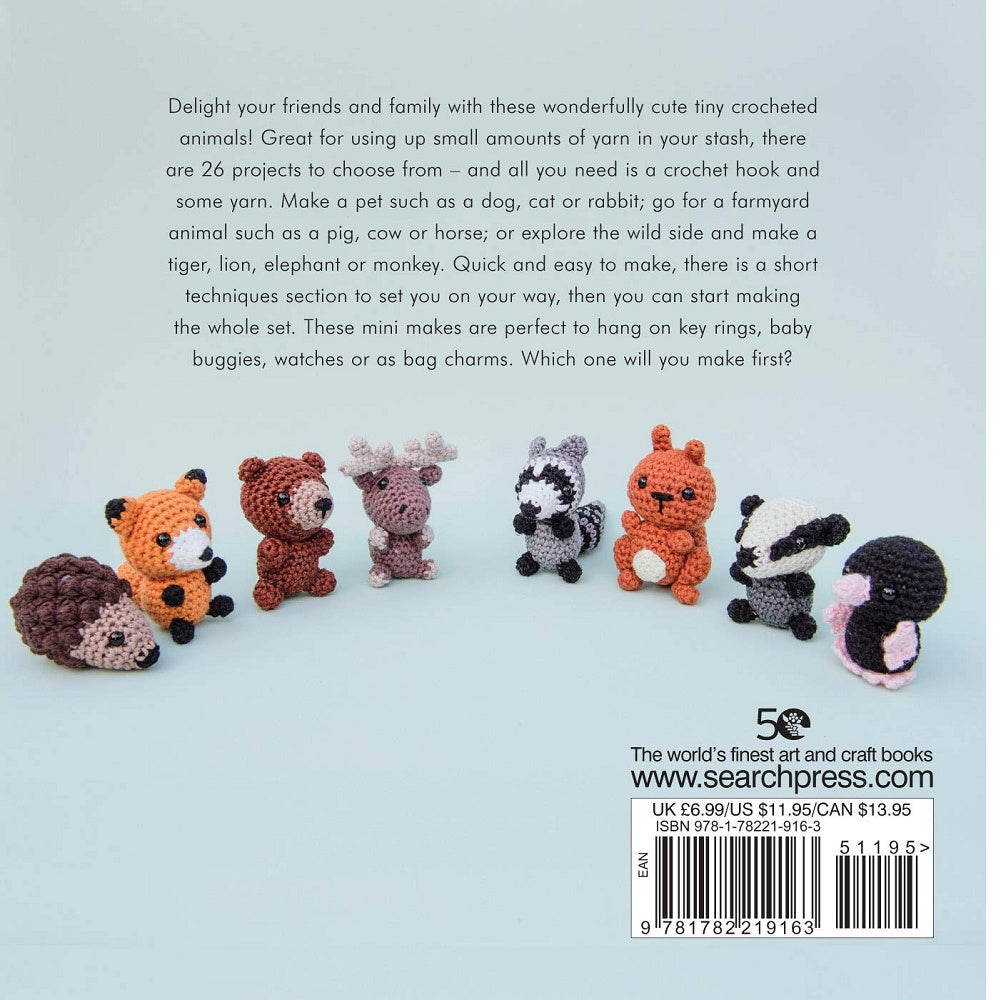 Back cover of a book featuring small crocheted animals in a row.