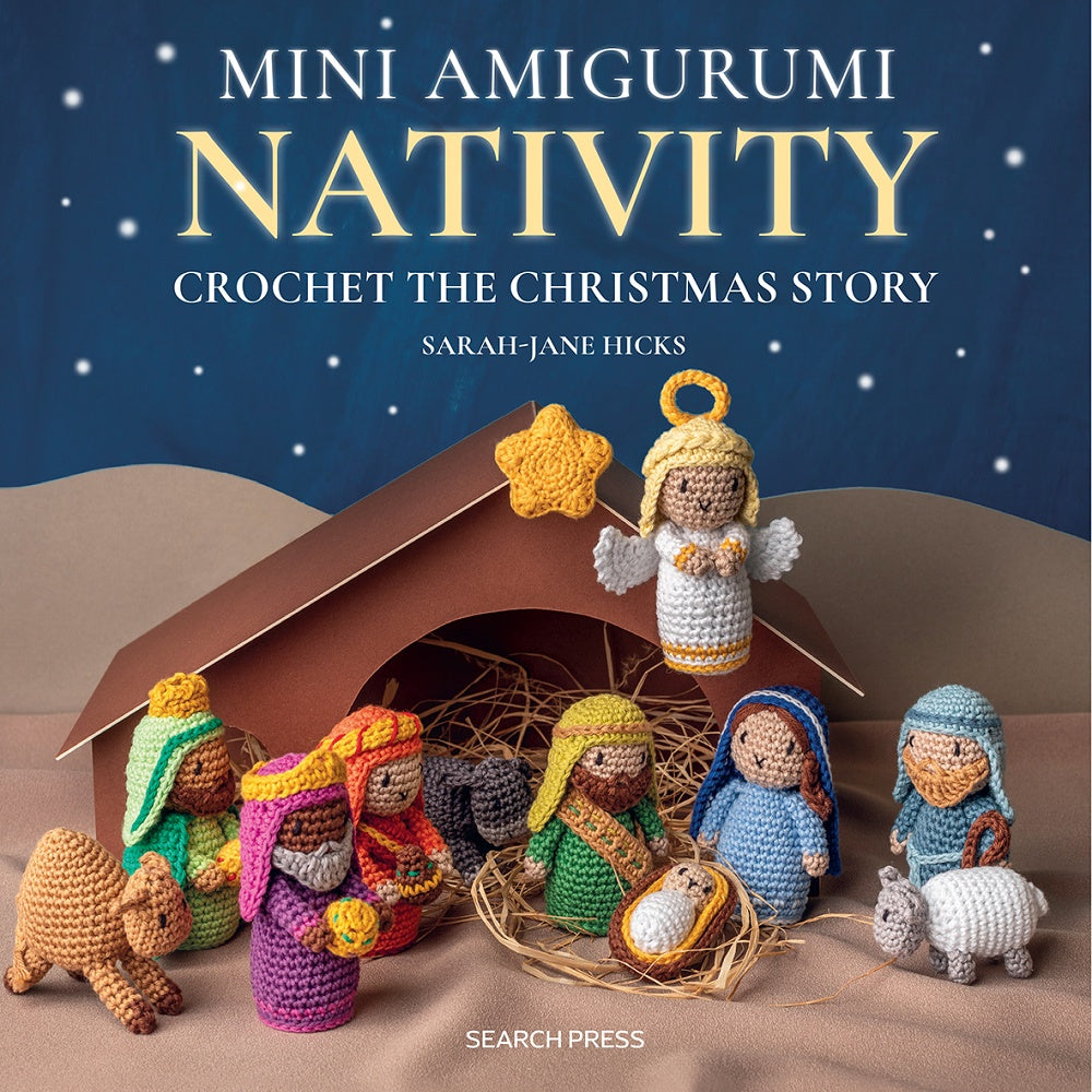 Book cover with small crocheted nativity characters.