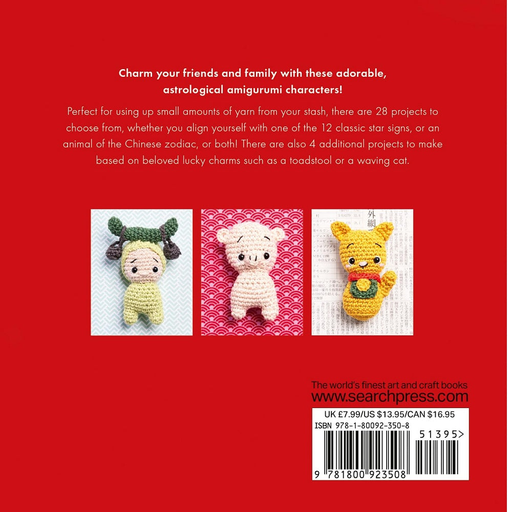 Back cover of a book featuring small crocheted zodiac animals .