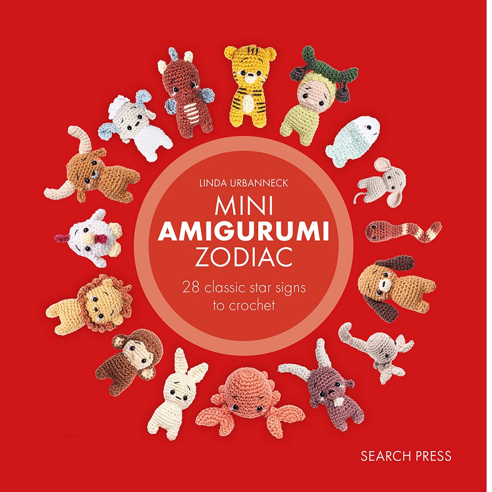 Book cover with small crochet zodiac animals arranged around a central circle.