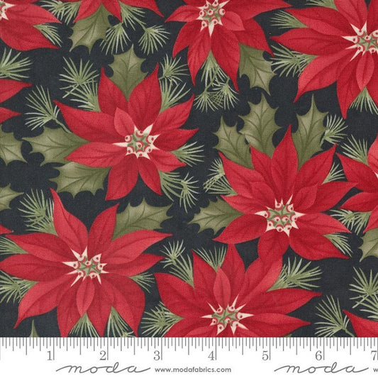 Red poinsettias and green leaves on a black background with Moda label.