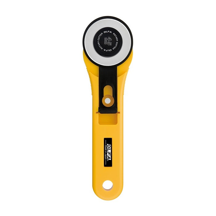 Yellow rotary cutter with a straight handle.