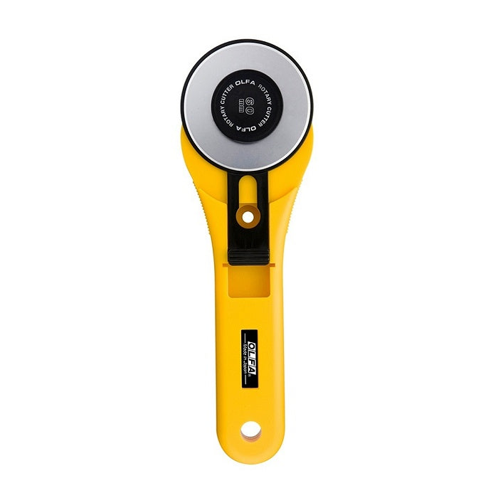 Large yellow rotary cutter with a straight handle.