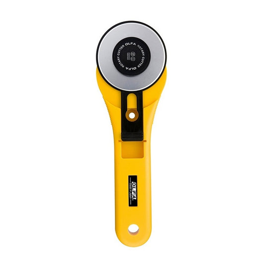 Large yellow rotary cutter with a straight handle.