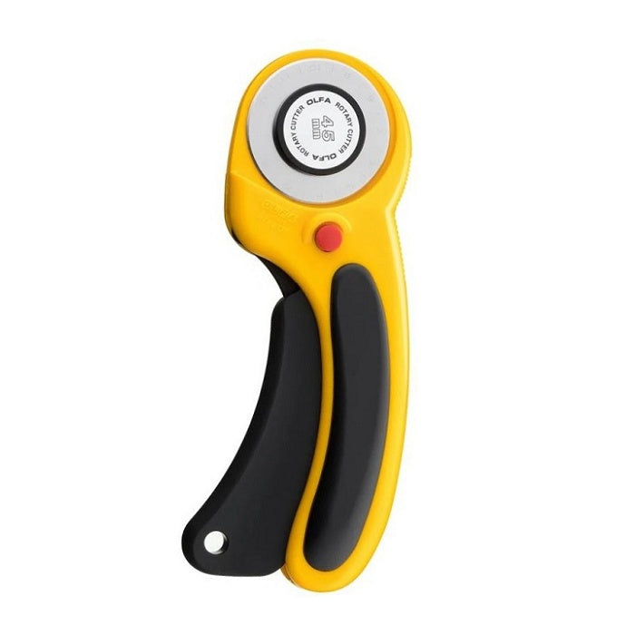 Yellow and black rotary cutter with curved handle.