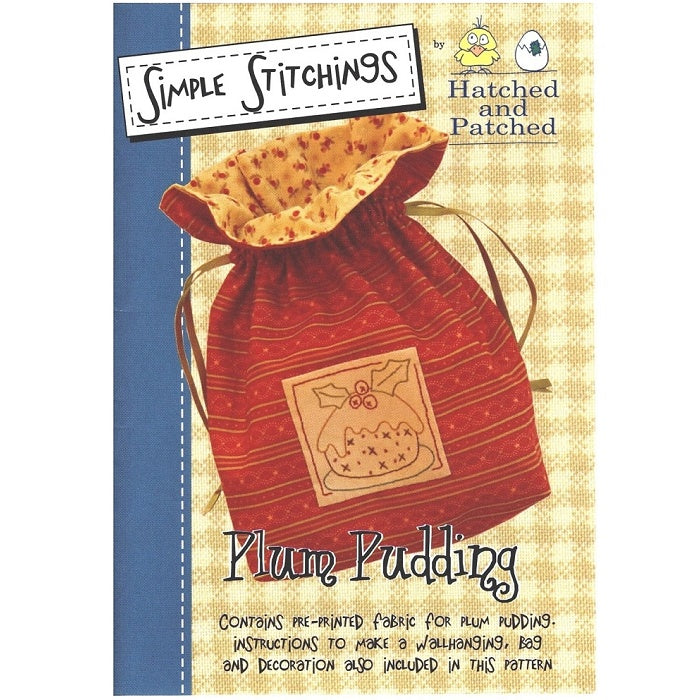 Pattern cover of red drawstring bag with embroidered plum pudding.