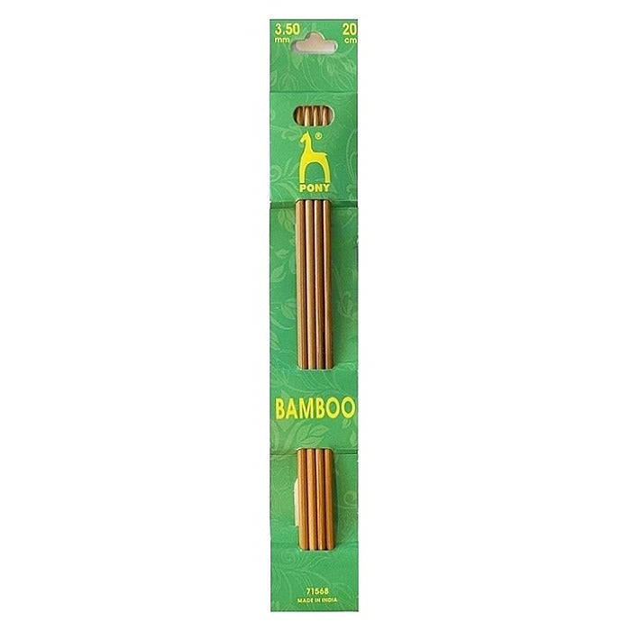 Pack of four 3.50mm bamboo knitting needles with Pony branding.