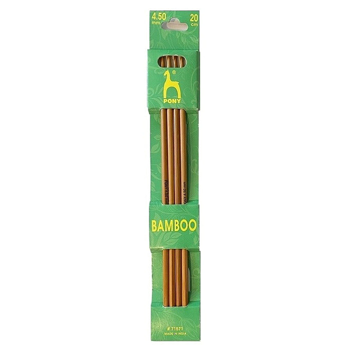 Pack of four 4.00mm bamboo knitting needles with Pony branding.