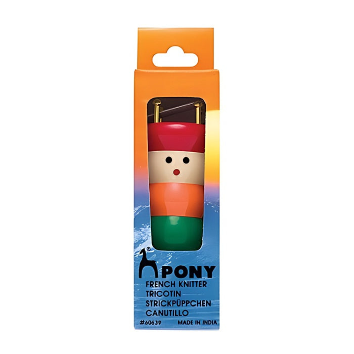 Colorful french knitter in Pony packaging.