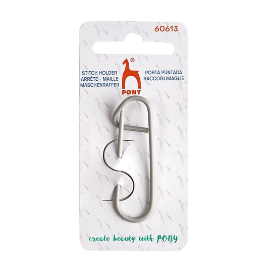 Small metal stitch holder with Pony branding.