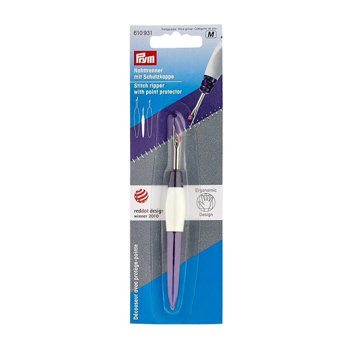 Purple and white stitch ripper with Prym branding.