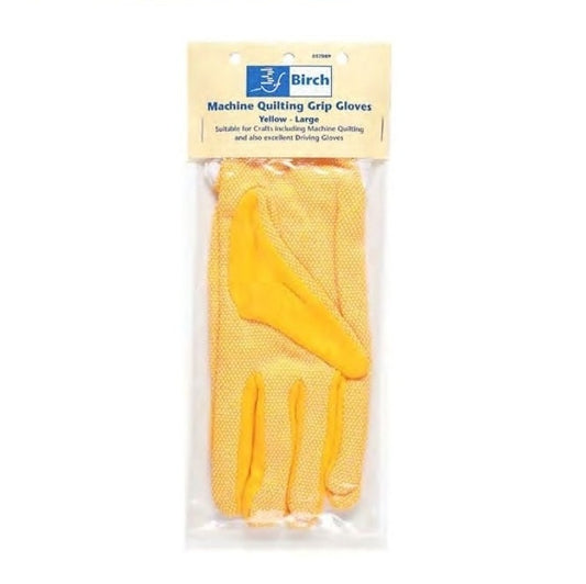 Packaged yellow quilting gloves with Birch branding.