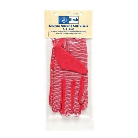 Packaged red quilting gloves with Birch branding.