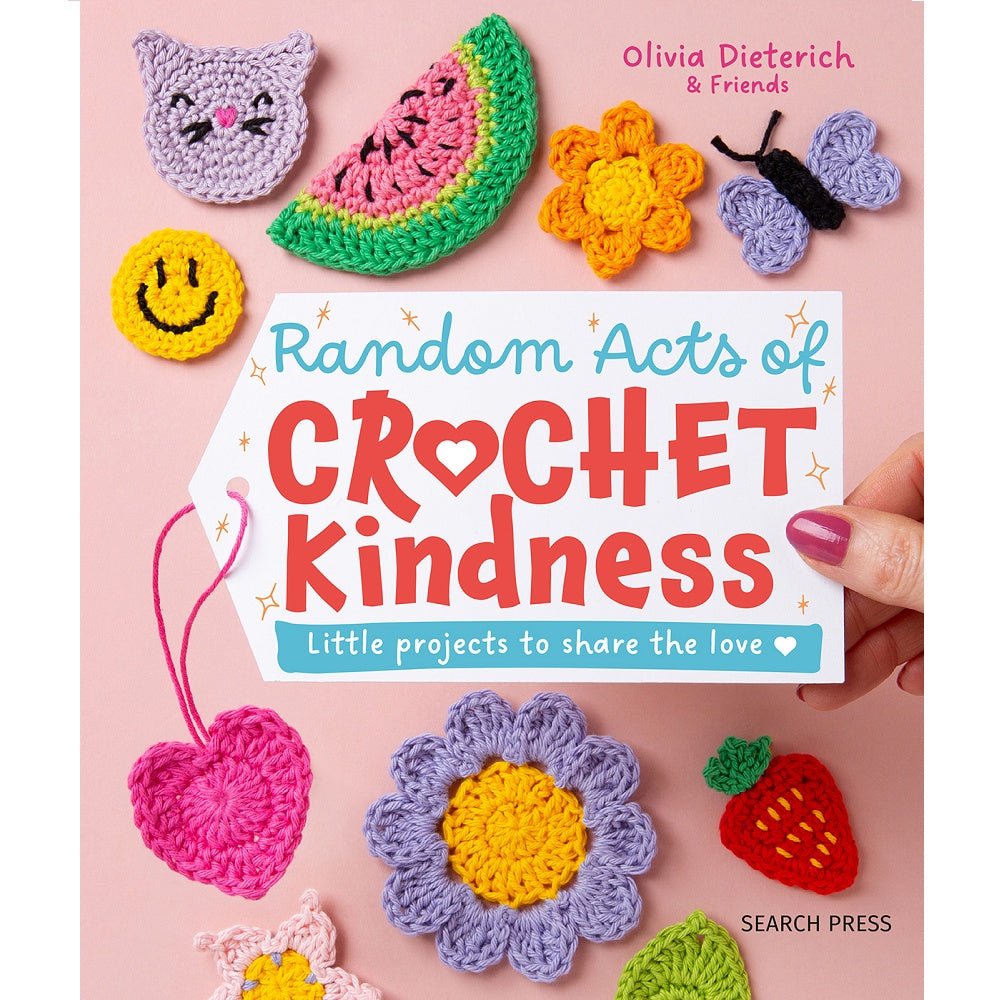 Book cover with small 2D crocheted flowers, fruit and animals.