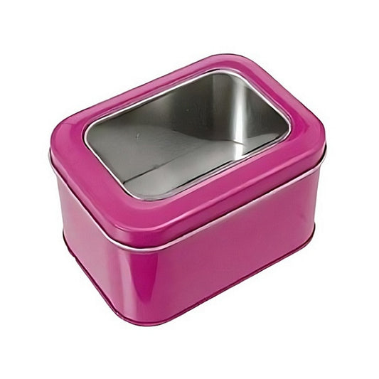 Hot pink rectangular metal tin with a clear window in the lid.