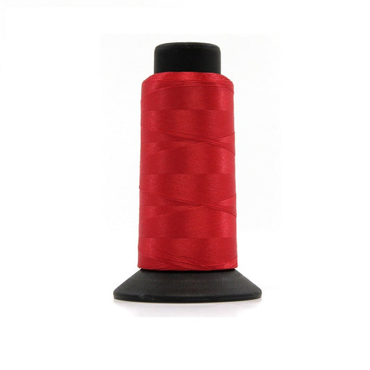 Cone of red woolly nylon thread.
