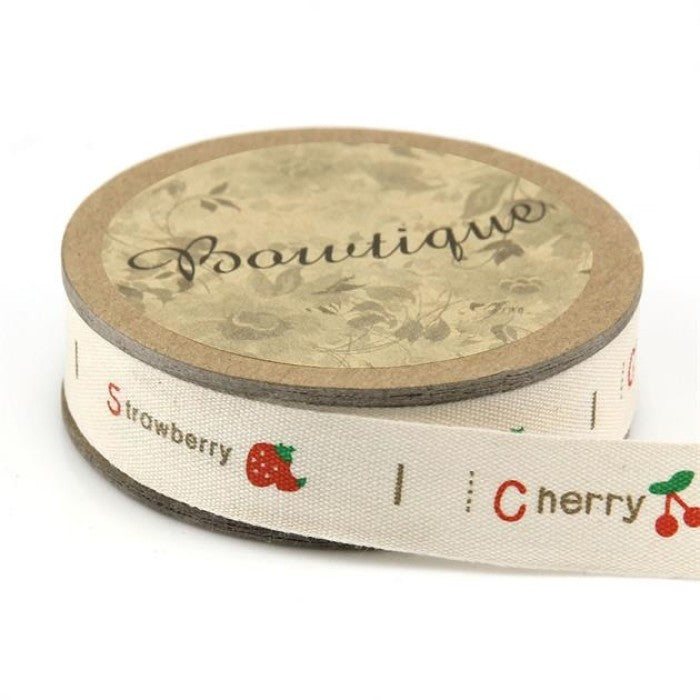 Spool of ribbon with cherreis and strawberries.