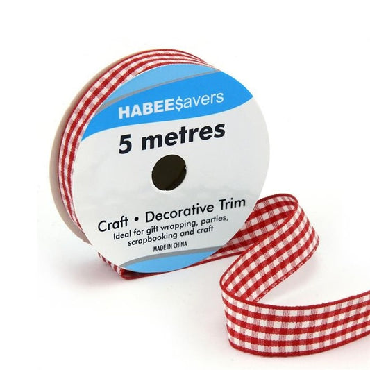 Roll of red and white checked ribbon with Habee Savers branding.
