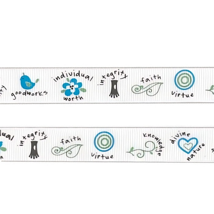 White ribbon with text and nature images.