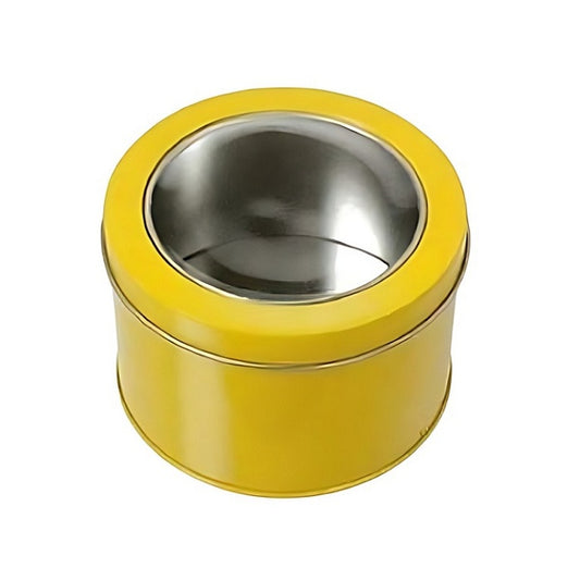 Yellow round metal tin with a clear window in the lid.
