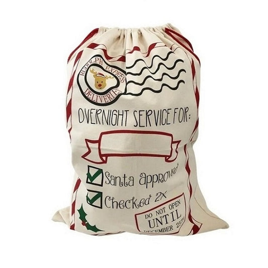 Filled Santa sack in natural canvas with red cord.