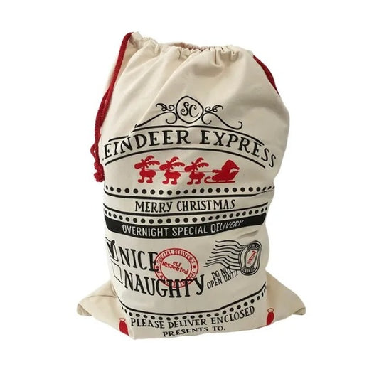 Filled Santa sack with Reindeer Express wording.