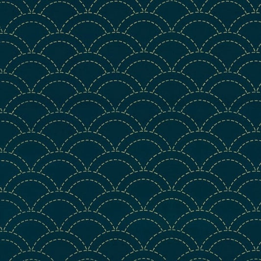 Staggered upside down half circle wave pattern on blue fabric.