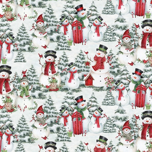 Snow covered Christmas trees and smiling snowmen.