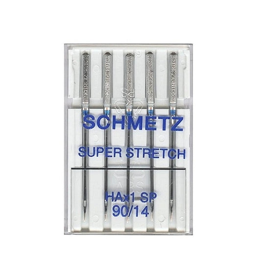 Pack of super stretch needles with Schmetz branding.