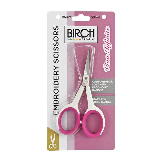 Packaged embroidery scissors with pink and white handles