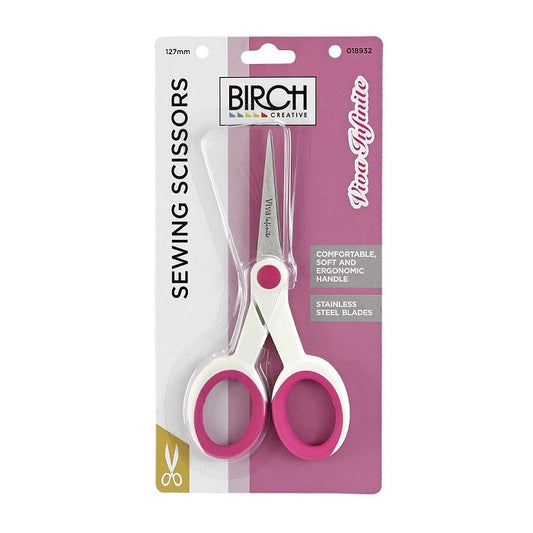 Small scissors with pink and white handles and Birch branding.