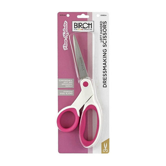 Left handed sewing scissors with pink and white handles.