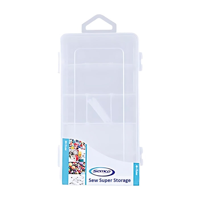 Clear craft storage box with dividers.