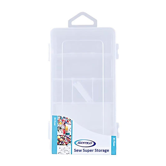 Clear craft storage box with dividers.