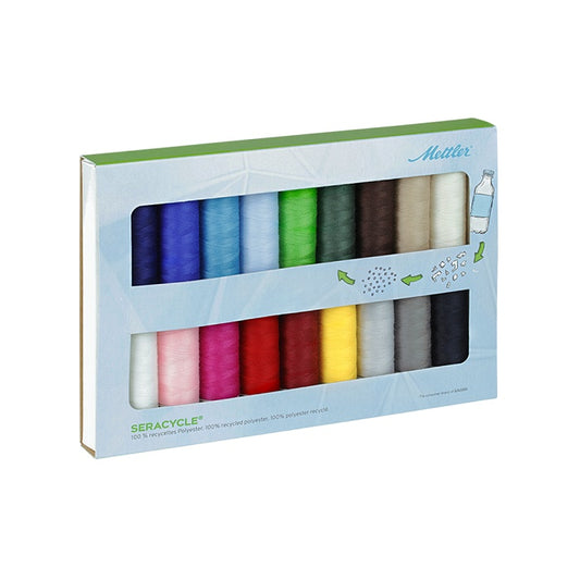 Box of colourful thread spools with Mettler branding.