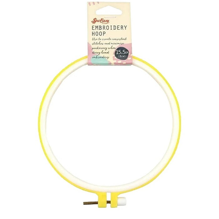Round, yellow plastic embroidery hoop with Sew Easy branding.