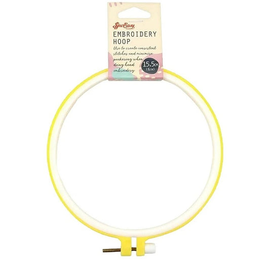 Round, yellow plastic embroidery hoop with Sew Easy branding.