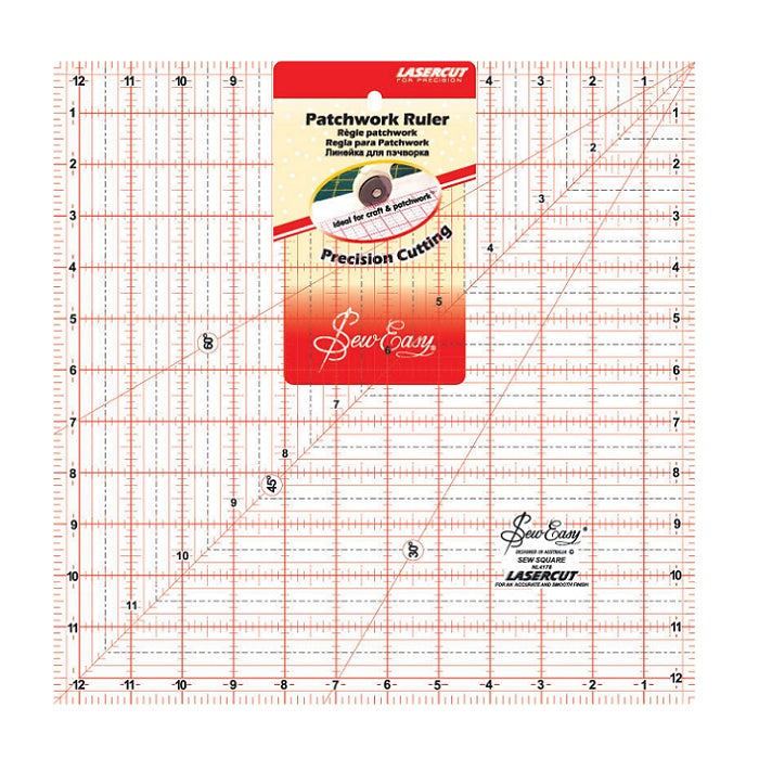 Square Sew Easy brand patchwork ruler with red grid lines.