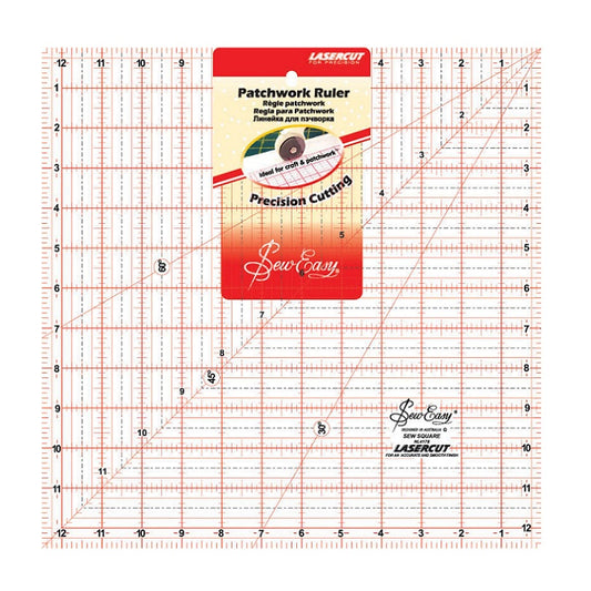 Square Sew Easy brand patchwork ruler with red grid lines.
