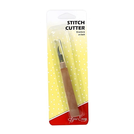 Curved cutting blade stitch cutter with wood look handle.