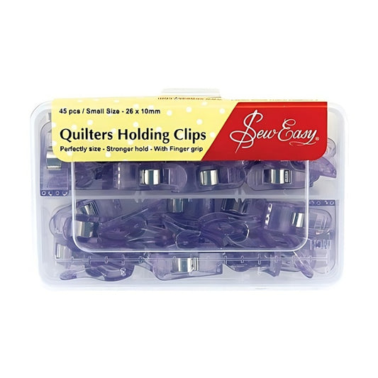 Purple clips in a clear box with Sew Easy branding.