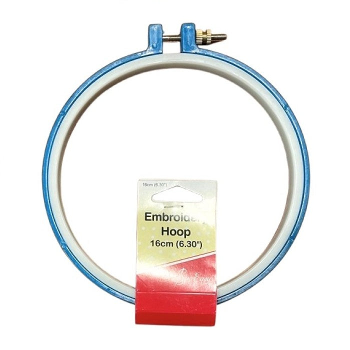 Round, blue plastic embroidery hoop with Sew Easy branding.